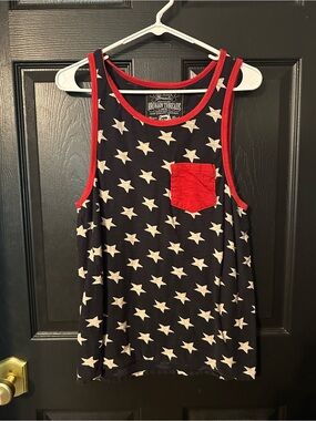 Men's Star Print Tank Top with Red Trim and Pocket